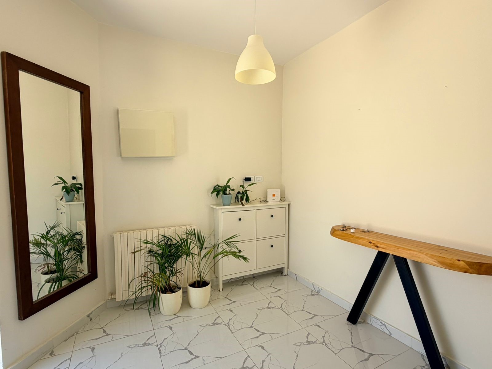 0f25224d-e5aa-4400-8250-06766a72d06d Bright minimalist room with a wooden-framed mirror, white cabinet, several potted plants, and a wooden ironing board against a white wall.