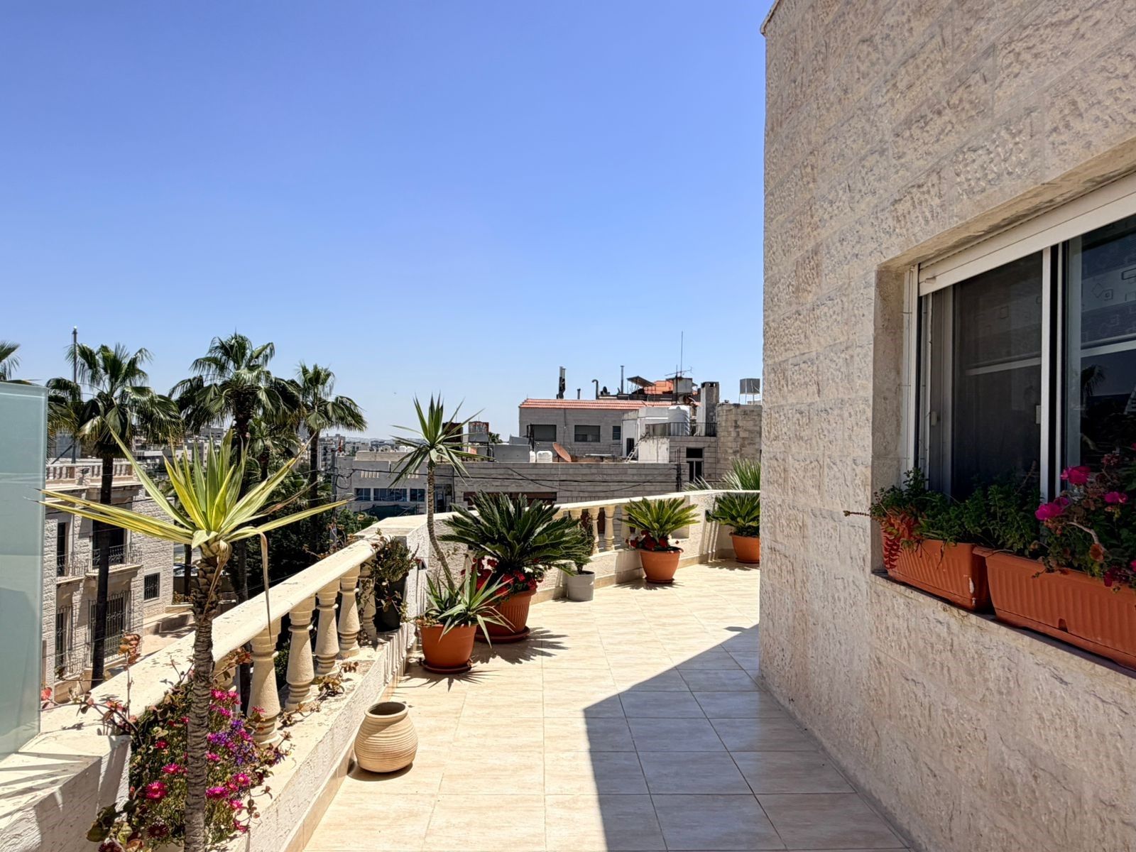 f6cd25e1-73e5-4932-991b-dc1317059ec2 Sunny rooftop terrace with potted plants along a cream railing and a clear blue sky above the city skyline in the background.