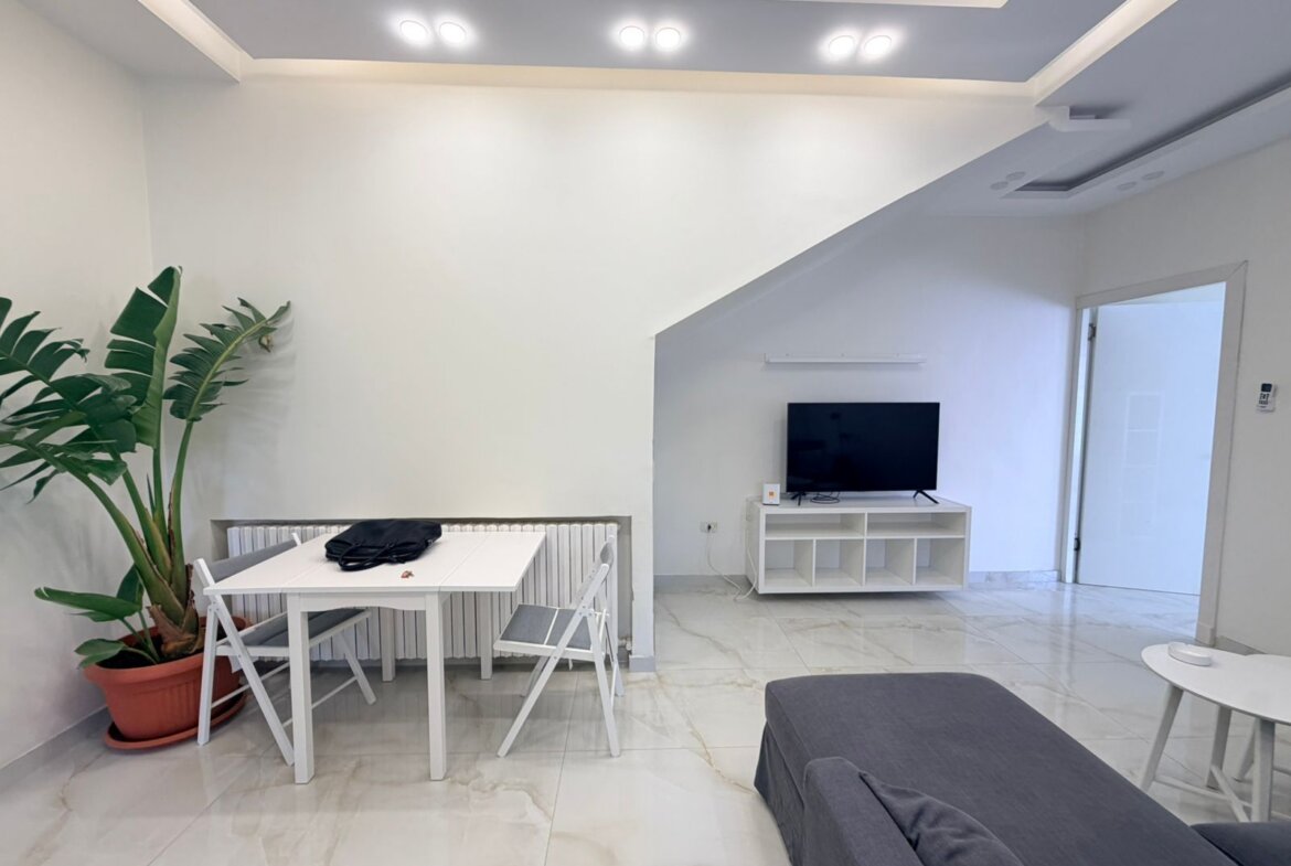 Minimalist white living area with a large tropical plant, a white dining table and chairs, and a TV on a white stand.