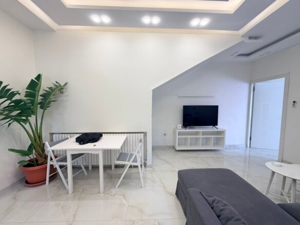 Minimalist white living area with a large tropical plant, a white dining table and chairs, and a TV on a white stand.