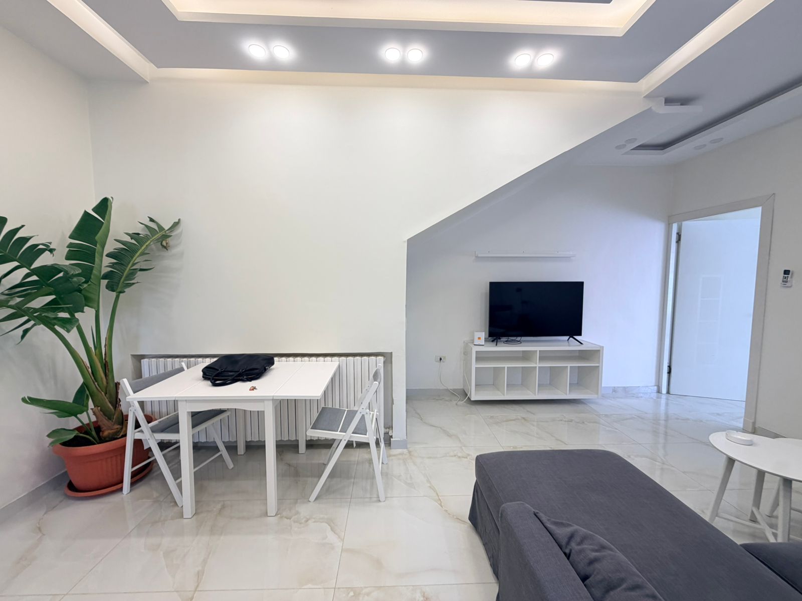f6d25ca2-c356-4b74-a8c8-8bc15ce23a4d Minimalist white living area with a large tropical plant, a white dining table and chairs, and a TV on a white stand.