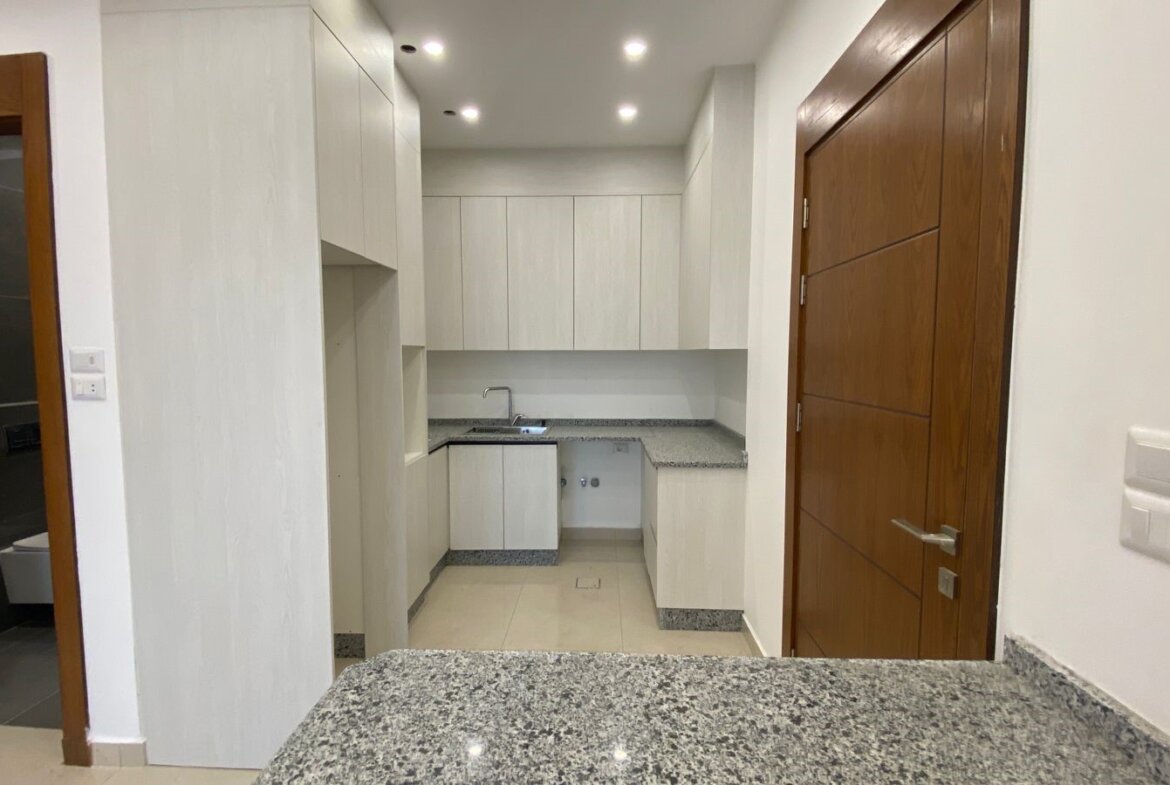 Modern white kitchen with granite countertops and stainless sink along the back wall, upper cabinets above and lower cabinetry below, adjacent doorway to a bathroom on the left and a wooden door on the right side.