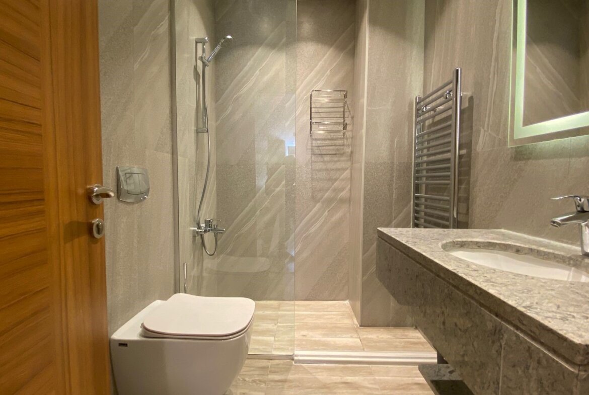 Modern bathroom with a wooden door on the left, a wall-mounted toilet, and a glass shower enclosure beside a granite countertop sink.
