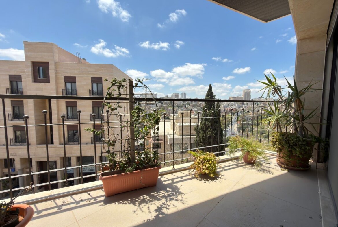 Balcony with potted plants overlooking a cityscape under a blue sky.