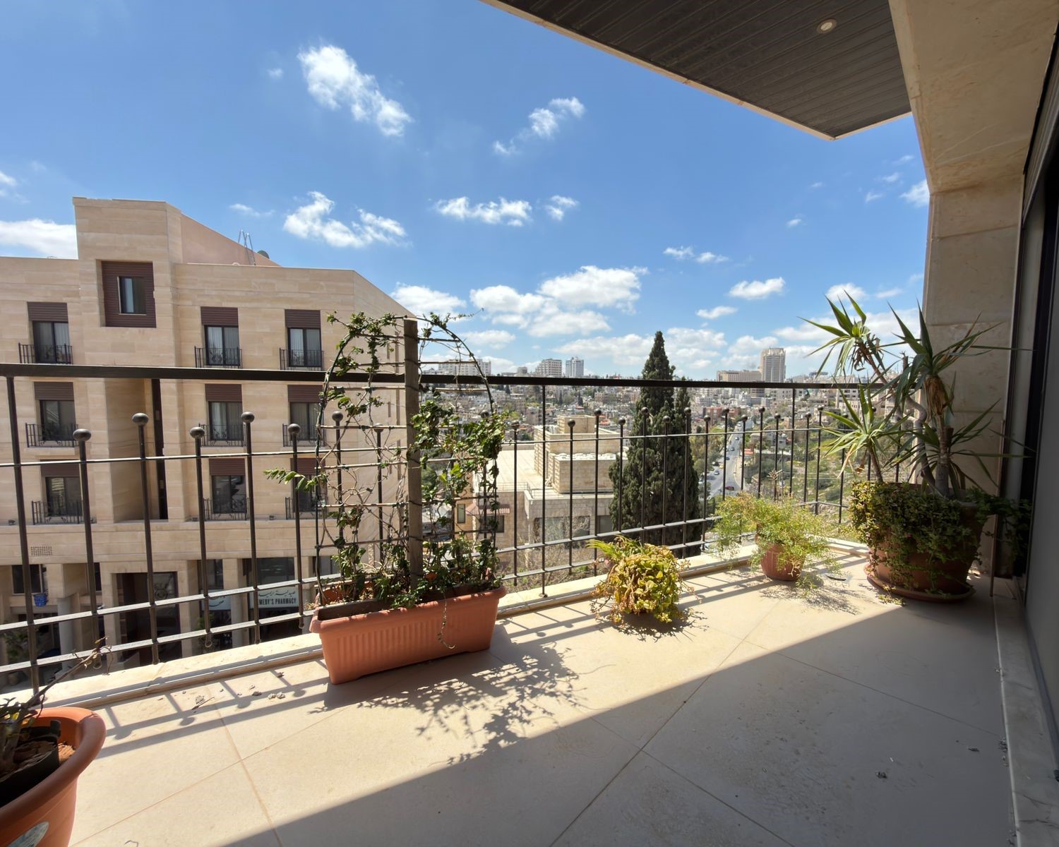 41874047-7f9e-4415-a644-1fde45d9b799 Balcony with potted plants overlooking a cityscape under a blue sky.