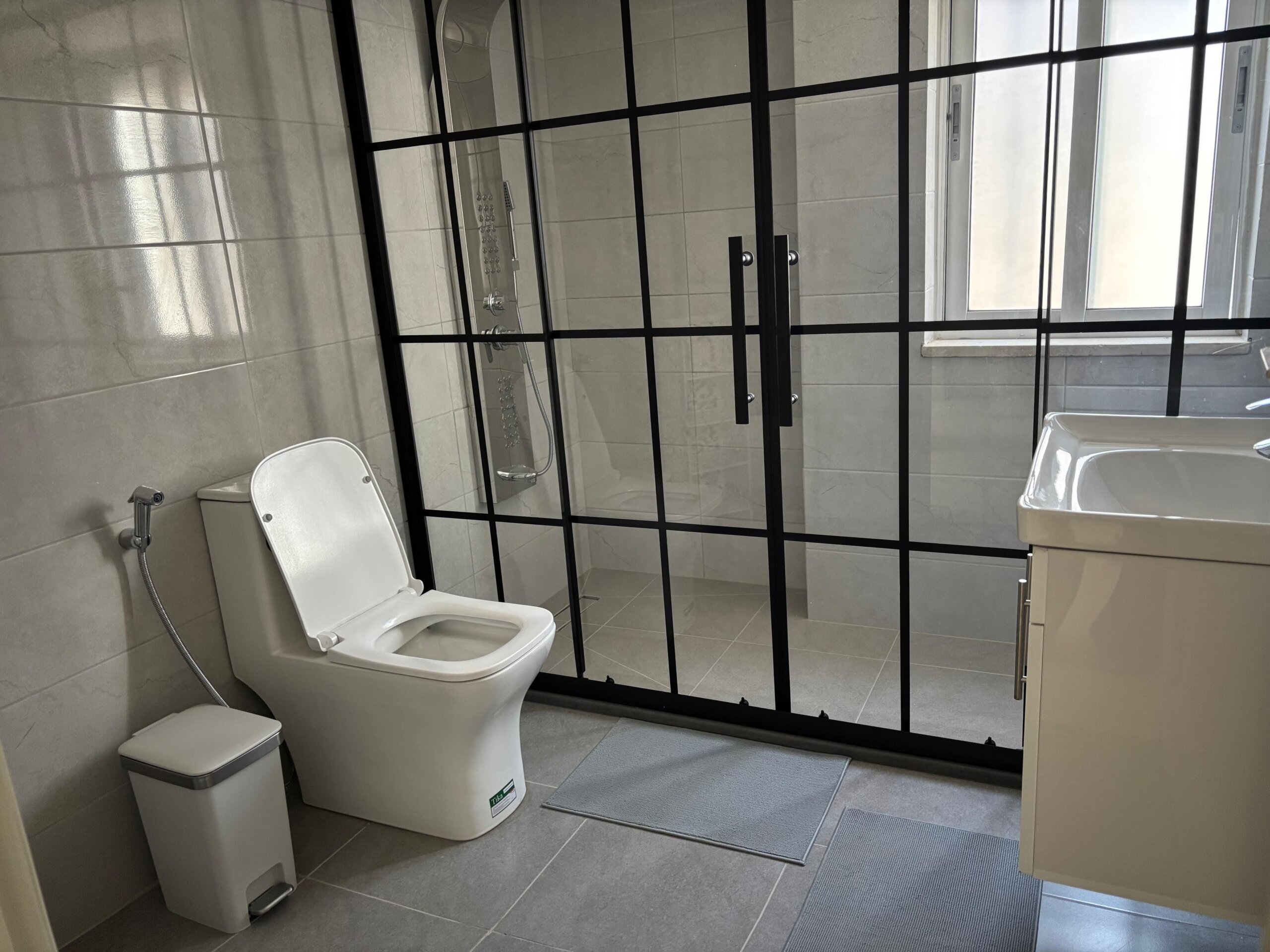 633379f1-1c1d-4870-a0cb-49bd84904915 Modern bathroom with a white toilet, bidet spray, and small trash can beside a glass-paneled shower enclosure with a grid of black metal frames.