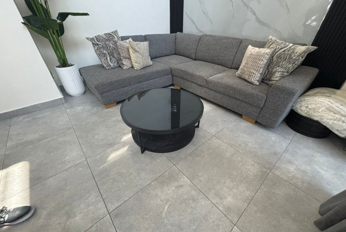 Cozy gray sectional sofa arranged in an L shape with patterned throw pillows, a round black glass coffee table in front, and a tall potted plant in a white planter nearby.