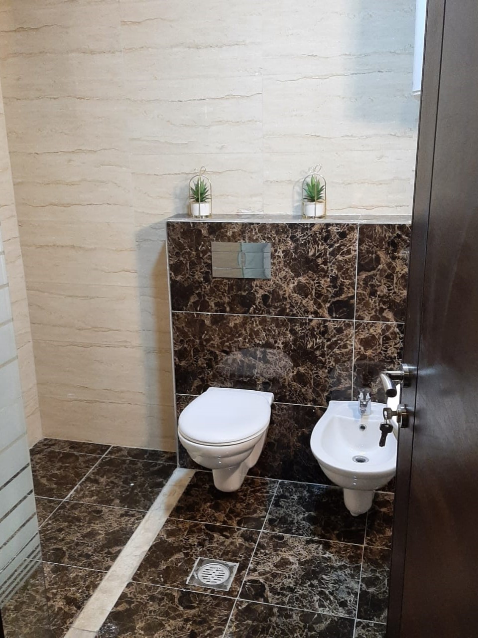c549170b-e992-4f57-8de0-c5ff018e6f14 Modern bathroom with wall-hung toilet and bidet, dark marble tiling, beige walls, and two small potted plants on top.