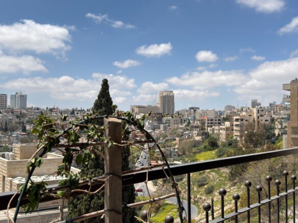 Urban cityscape viewed from a balcony, with a metal railing and ivy in the foreground, and a blue sky with scattered clouds above.