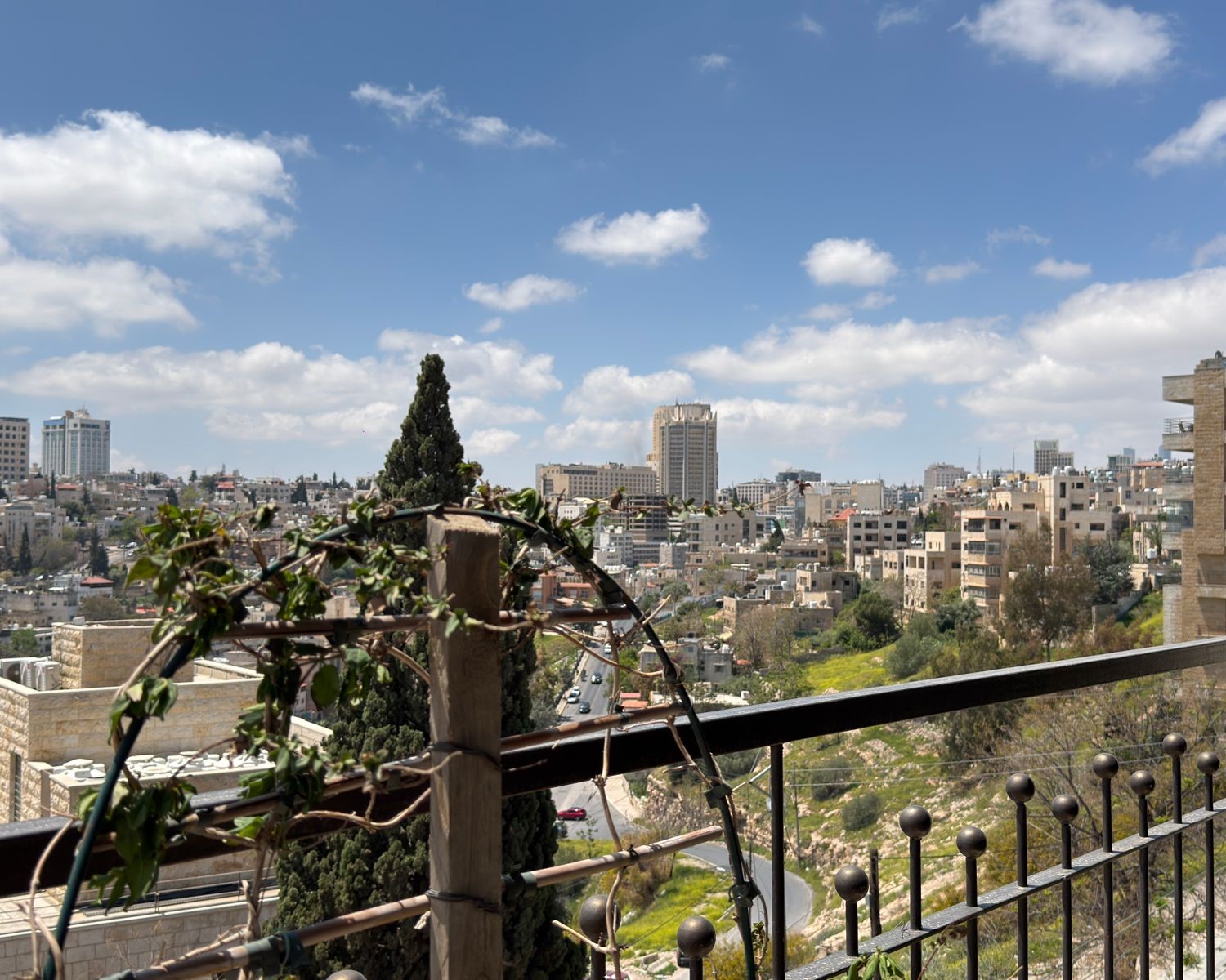cec62fb6-d3cf-49ea-863d-42a692697d26 Urban cityscape viewed from a balcony, with a metal railing and ivy in the foreground, and a blue sky with scattered clouds above.