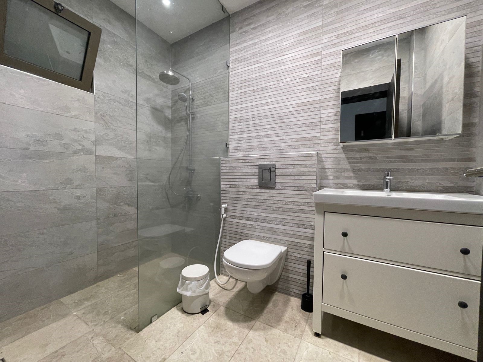 e605a91f-17b0-4fa0-9b57-551e0fee2142 Modern grey-tiled bathroom with a glass shower enclosure, wall-mounted toilet, and white vanity with a mirror above it.