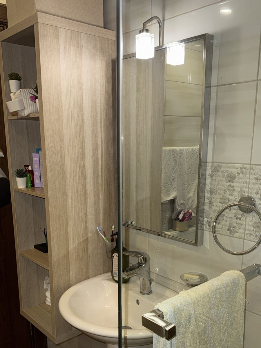 ec6d705f-7aab-44f5-9b52-d7615c3f7c19 Bathroom sink area with a glass divider, towel hanging on a chrome bar, oval mirror, and a tall wooden shelving unit holding small plants and toiletries.