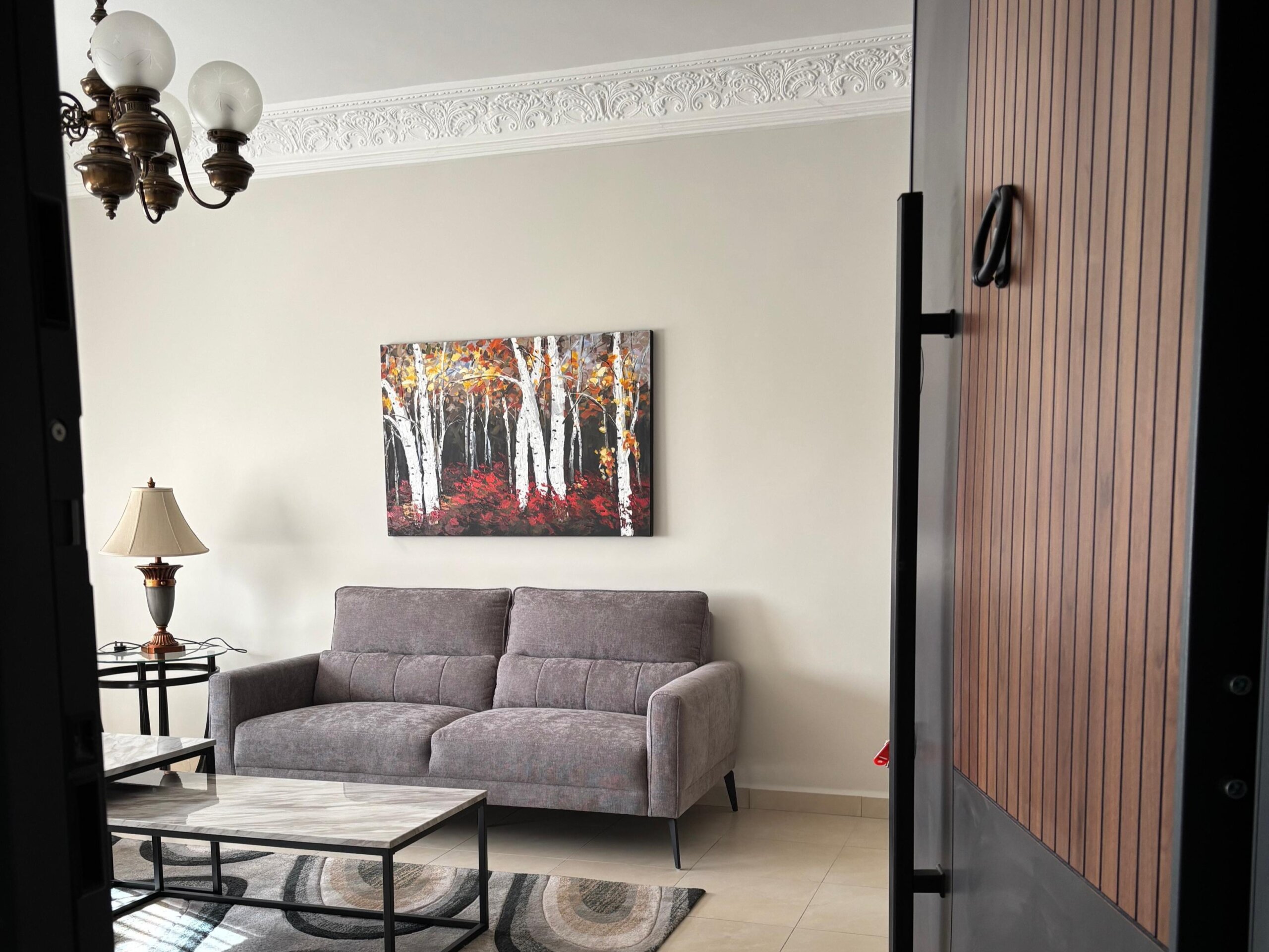 fa51f4d7-8b31-46d2-9761-71fd5ee18024 Living room view: gray sofa with pillows, marble coffee table, side lamp, and a birch-tree artwork on a beige wall near the doorway.