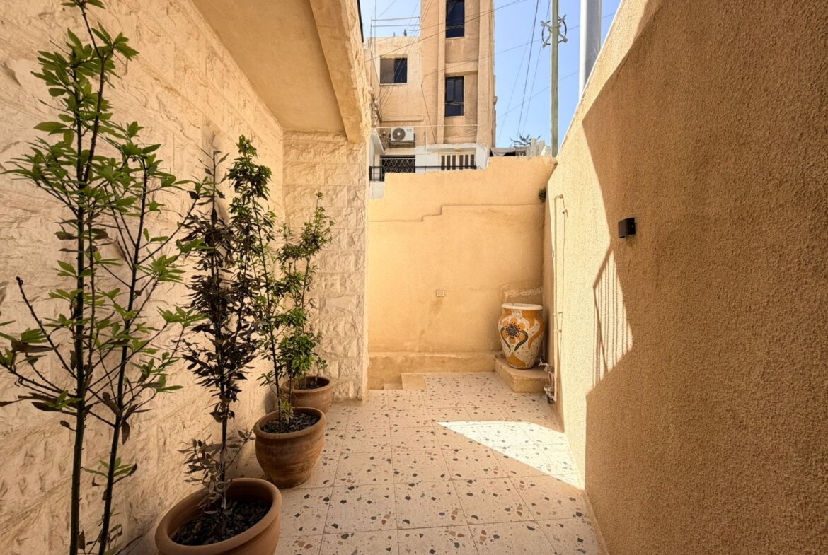 Sunlit beige courtyard with tall potted trees along the left wall, patterned tile floor, and a large decorative ceramic vase near the steps at the far end.
