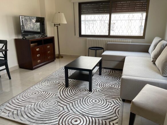 Living room with a gray sectional sofa, black coffee table, and a circular-pattern rug; a TV sits on a dark wood cabinet beside a tall floor lamp. Window with metal grate and a radiator are visible in the background.