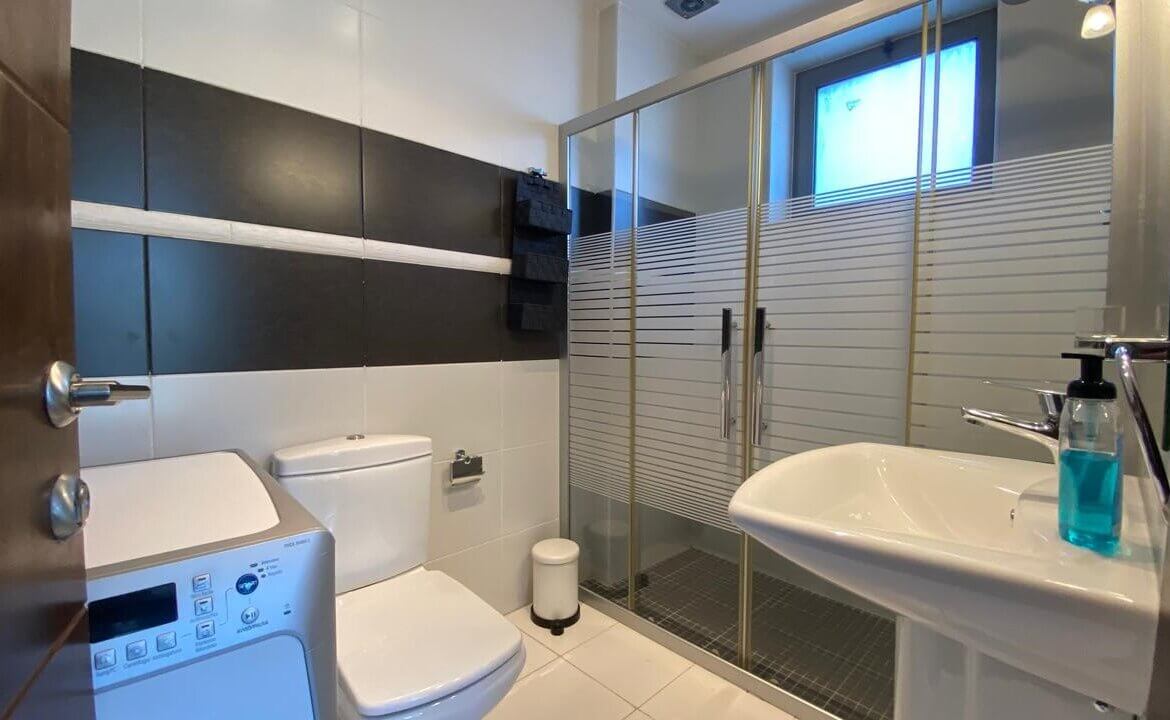 473ac7ce-9ae5-4401-9f1a-0315627bcd2a Modern bathroom with washing machine, toilet, pedestal sink, and a glass shower enclosure with frosted stripes; blue liquid soap on sink.