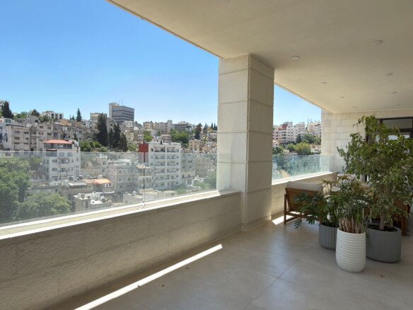 Balcony with glass railing and potted plants overlooking a cityscape under a blue sky.