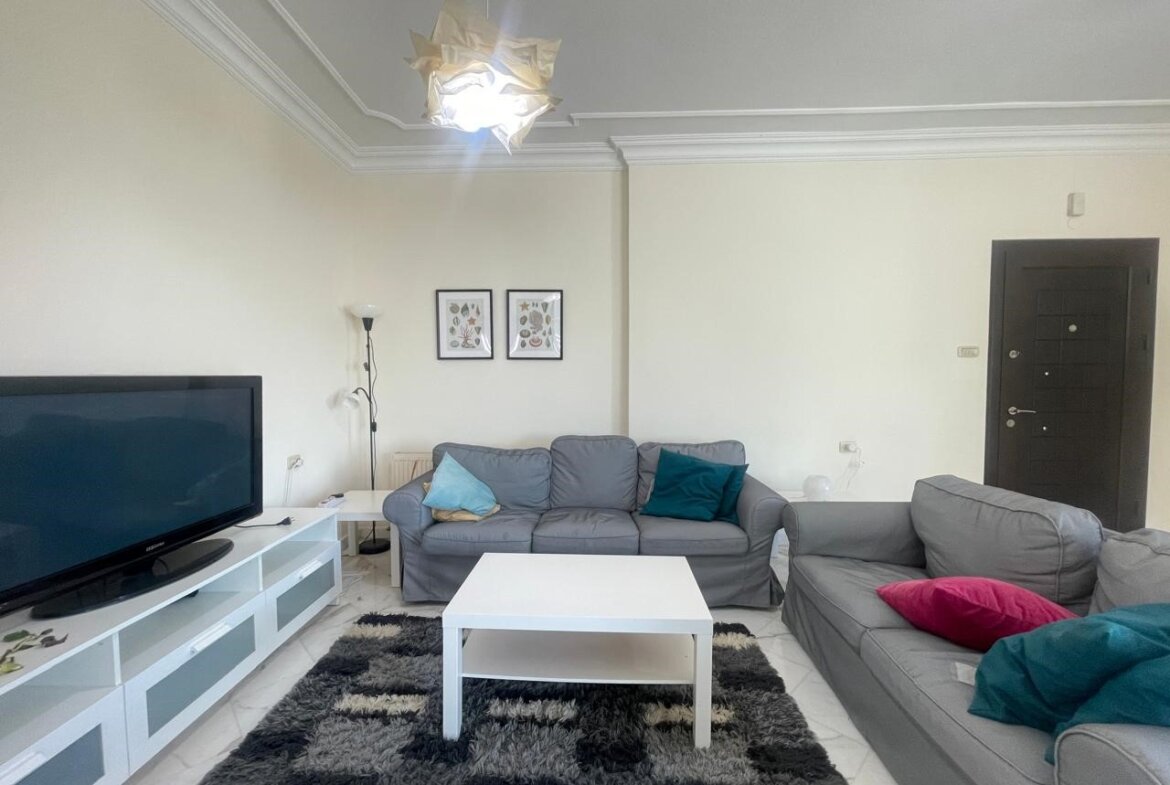Living room with gray sofa set around a white coffee table, TV on a white media console, and a black-and-gray shag rug beneath usiselean carpeting?
