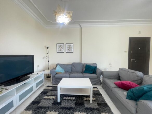 Living room with gray sofa set around a white coffee table, TV on a white media console, and a black-and-gray shag rug beneath usiselean carpeting?