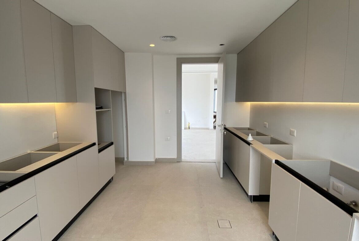 6ff52f97-4725-4216-beb9-a7c5c2ac401f Galley-style modern kitchen with light gray flat-panel cabinets, white walls, and warm under-cabinet lighting along the backsplash.