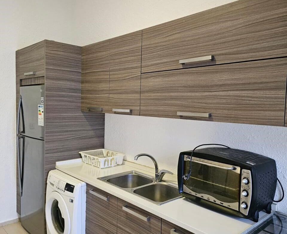 78953742-05ba-4b87-886d-362e28b159bf Compact kitchen-laundry area with a tall stainless refrigerator, front-loading washing machine, double sink, dish rack, and wood-grain cabinets above and below the counter.