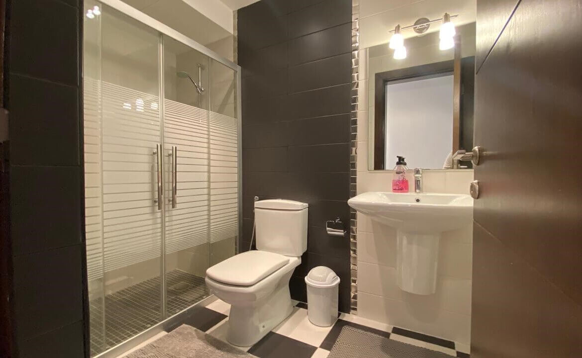 85f91377-2d40-410f-8878-afe30fb13e37 Modern bathroom with glass shower enclosure, white toilet, and pedestal sink; white tile walls with dark accents and a mirror above the sink.