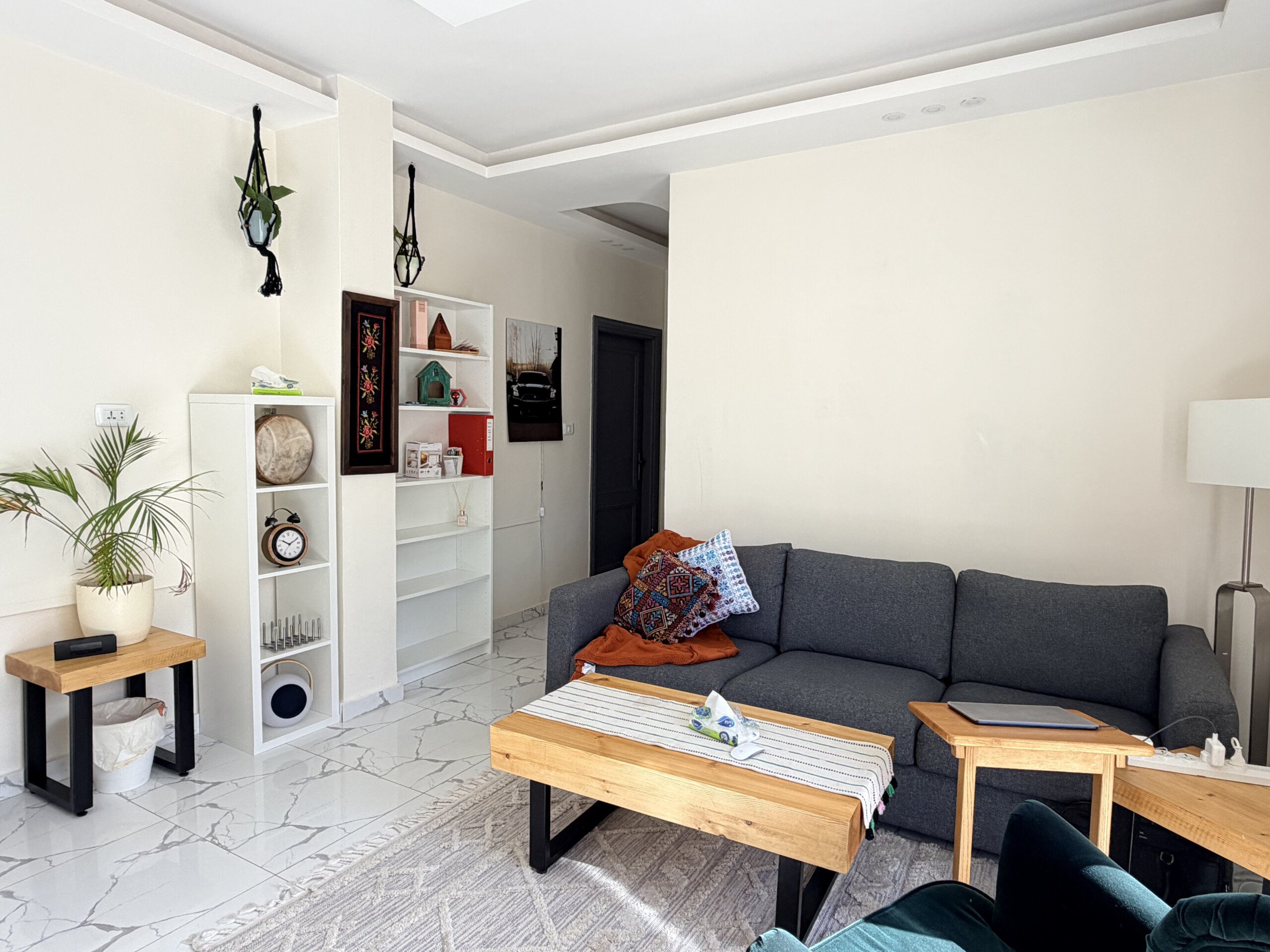 IMG_2947 Bright living room with white shelves, a green plant, and a gray sectional sofa with two wooden coffee tables nearby.