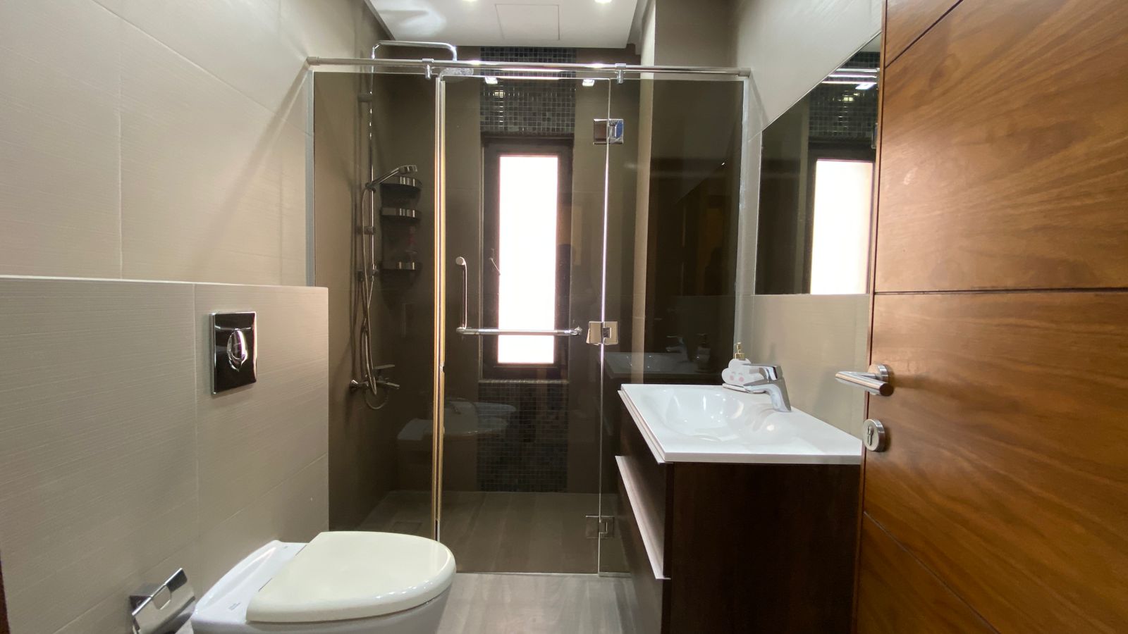 fcebefe9-25e7-406d-a122-ed2ee50a0290 Modern bathroom with glass-enclosed shower, wall-mounted toilet, and white sink on a dark wood vanity.