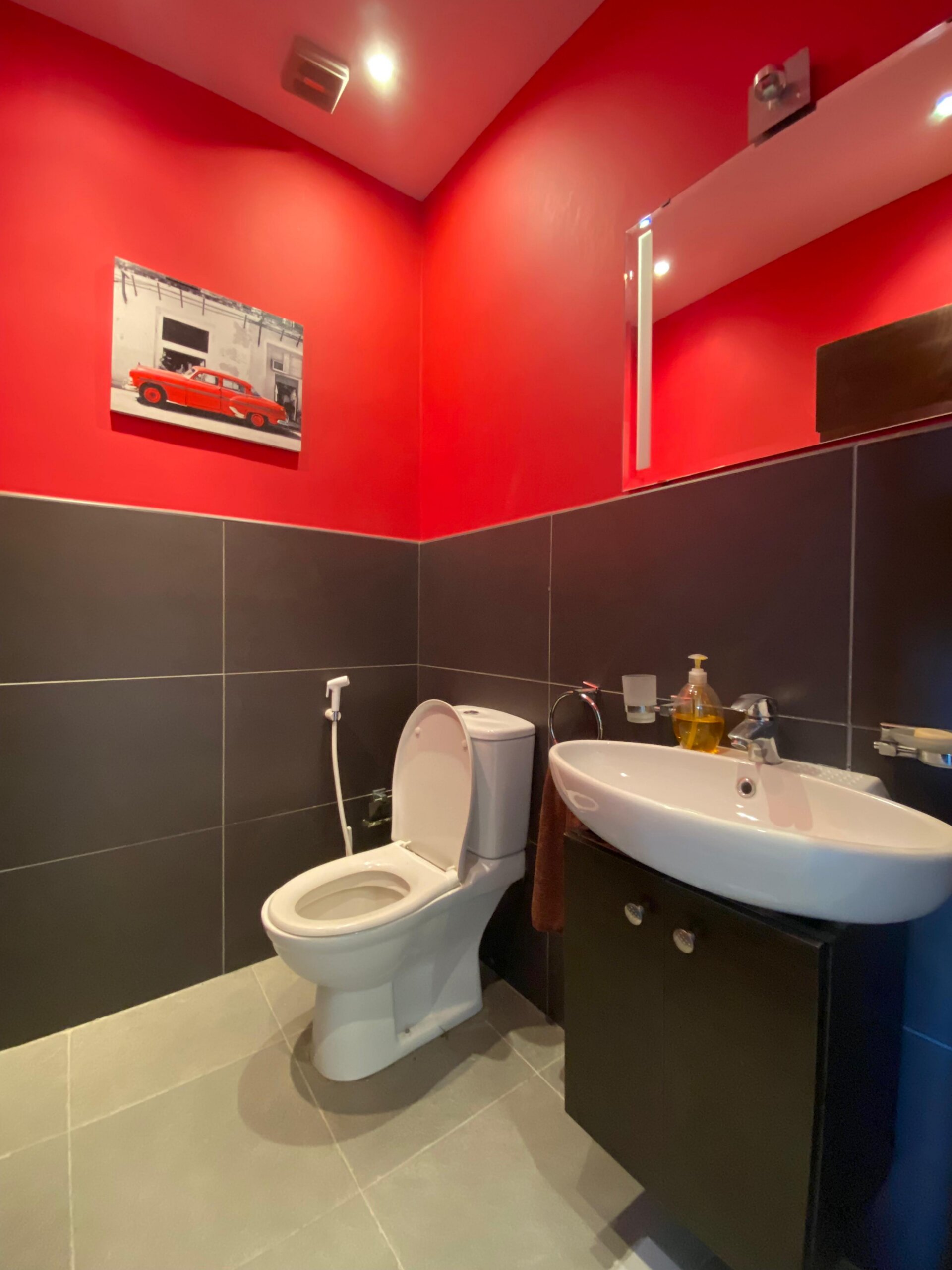 241821ac-f62f-4610-965f-57b10b0f0f46 Red bathroom with black lower wall tiles, a white toilet and sink, a framed black-and-white photo of a red car on the red wall, and bright overhead lighting.