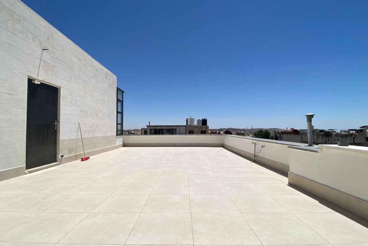 Sunny rooftop terrace with pale walls and a left-side door; a broom resting by the door, and a distant city skyline under a blue sky.
