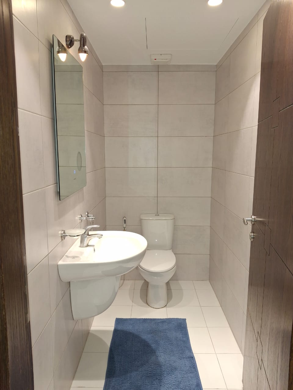 6b746f35-fd02-4c42-8c7b-044758c8724d Narrow modern bathroom with pedestal sink and toilet against tiled walls; blue rug on white floor.