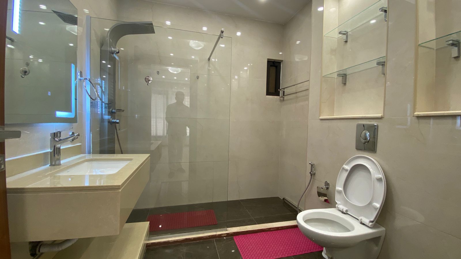 73eb42ab-14da-4cd9-90f2-02a2cd392ad0 Modern bathroom with a glass shower enclosure, sink, toilet, and pink bath mats; a silhouette of a person is reflected in the glass door.