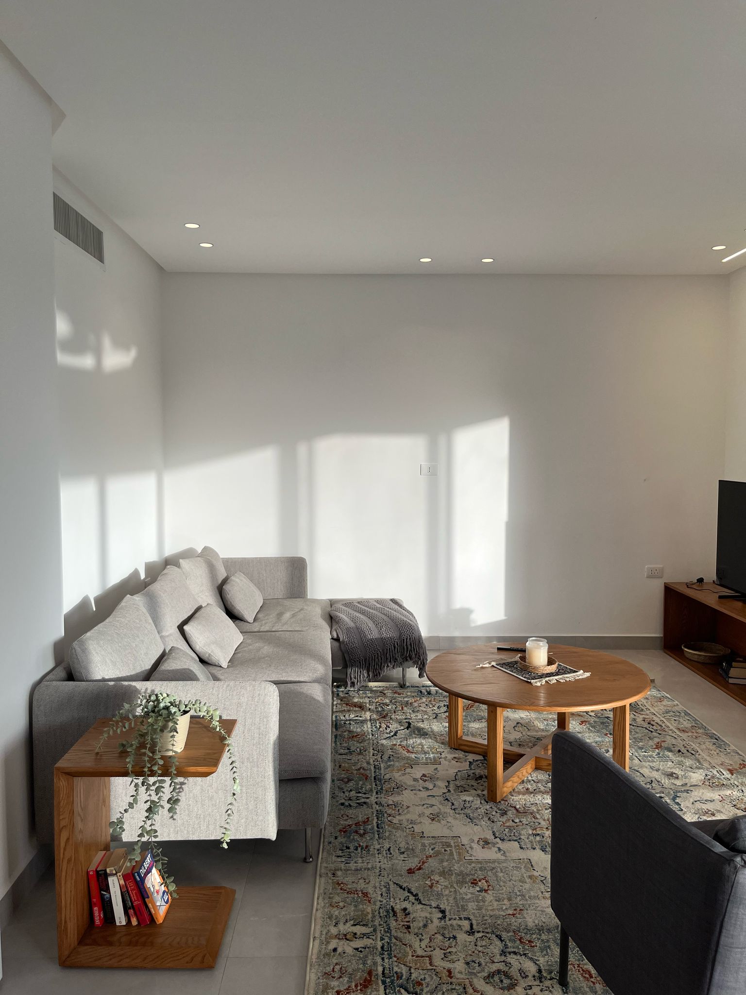 9d4981f7-d5d3-4843-ade7-de649e407720 Cozy living room with a light gray sofa, small wooden side table, and a patterned rug bathed in natural light.