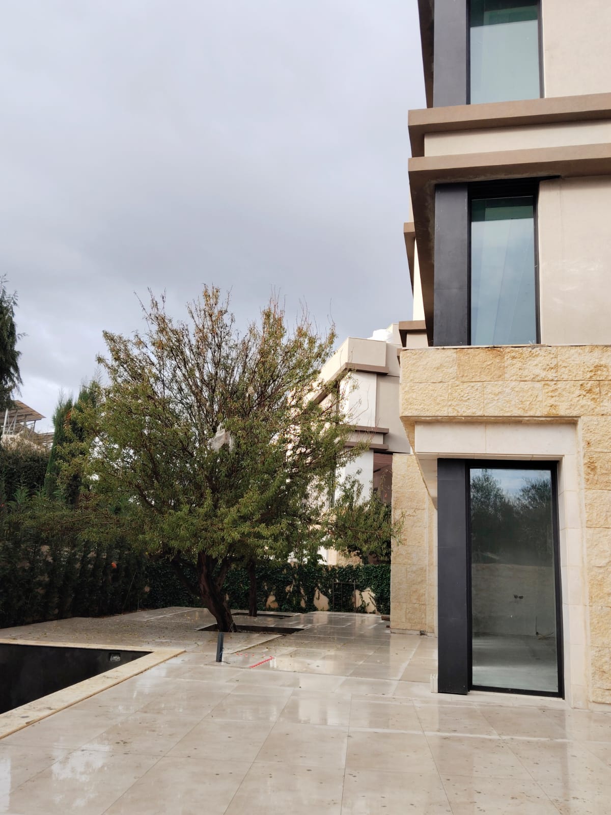 WhatsApp Image 2026-04-08 at 23510 PM Modern beige stone building with large vertical windows beside a tree in a paved courtyard.