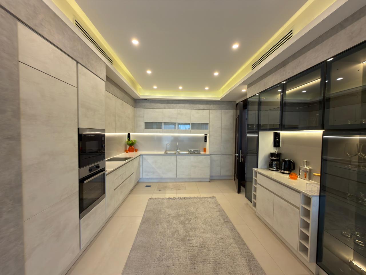 a0e6920a-6c8f-4240-b4dd-2897fc7e1692 Modern grey kitchen with built-in ovens, a long counter, and a sink along the back wall; glass-front upper cabinets on the right.